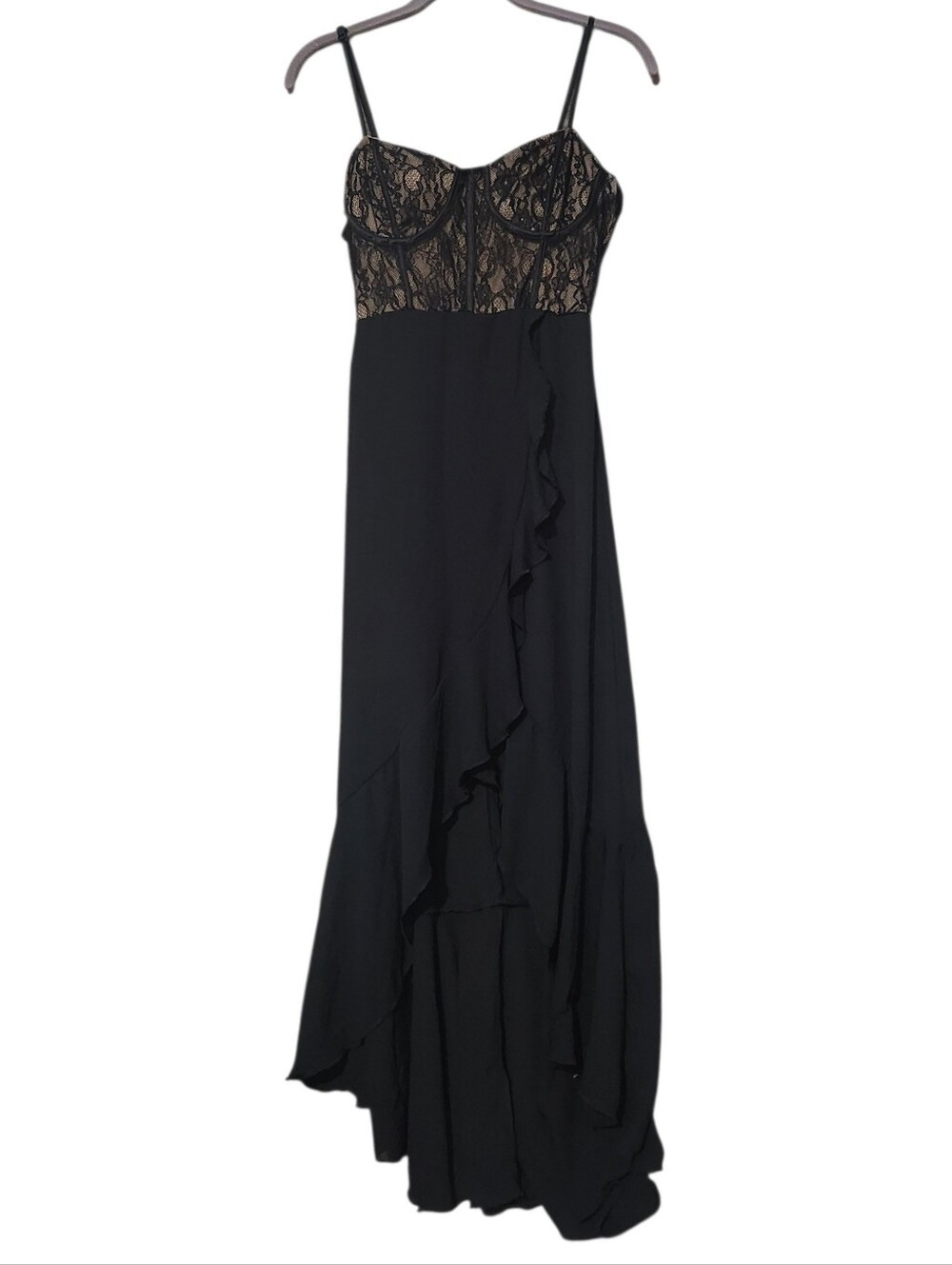 Inspired Hearts Black Contrast Lace Bustier High-Low Maxi Dress